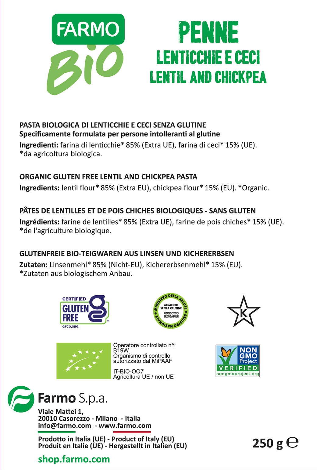 Penne Biologiche Lenticchie e Ceci - Farmo - Eat a better life